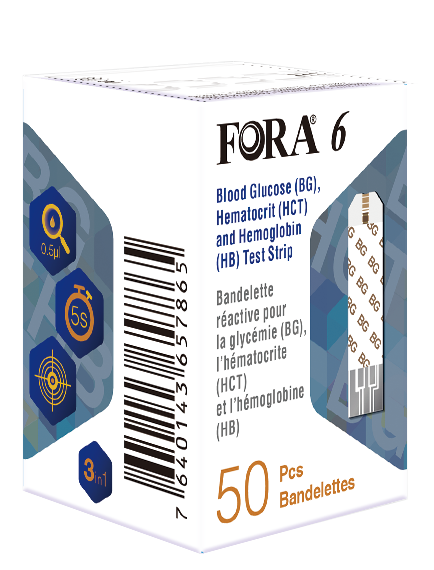 FORA 6 Blood Glucose (BG), Hematocrit (HCT) og Hemoglobin (HB) strimlar 50 stk.