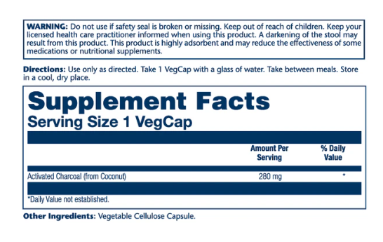 Solaray Activated Charcoal 280 mg 90 vegan hylki (1)