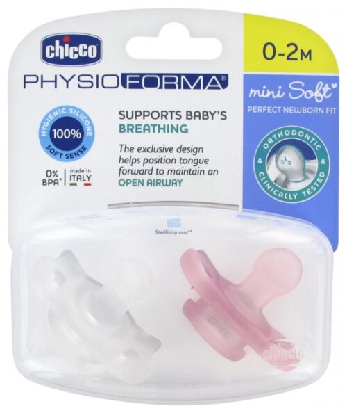 Chicco Physio  Soft Mini snuð 0-2ja mánaða #bleikt og glært (1)