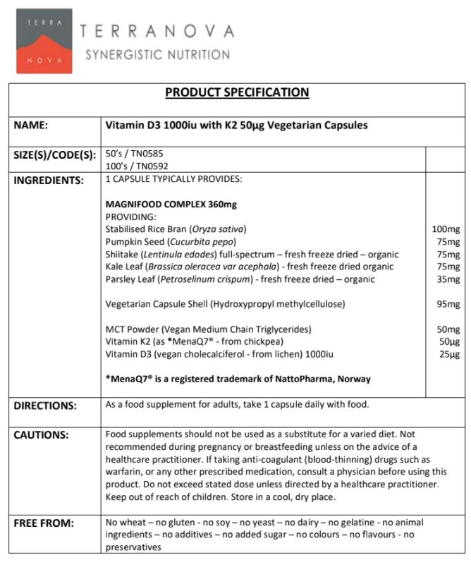 Terranova Vítamin D3 + K2, 1000iu & 50ug 50 hylki (1)